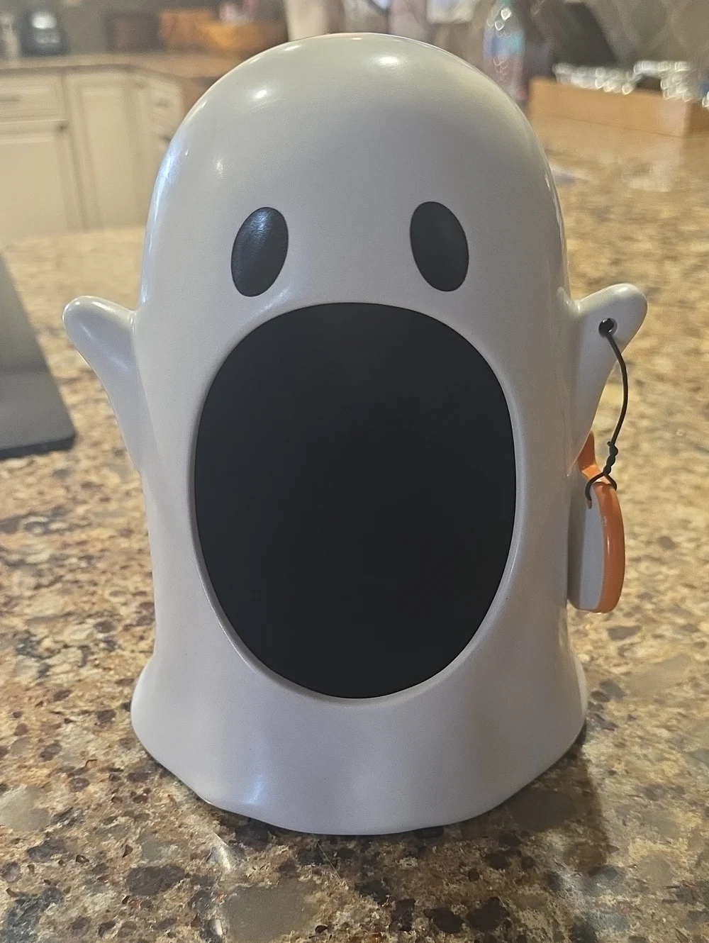 New Rae Dunn White Ghost Candy Holder with Black Face and Orange Tag